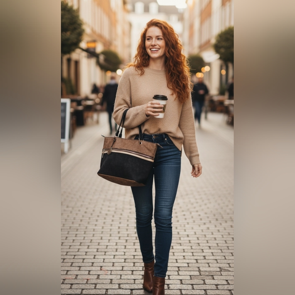 Nicole Miller New York Classic Black and Brown Shoulder Bag with Suede Accents